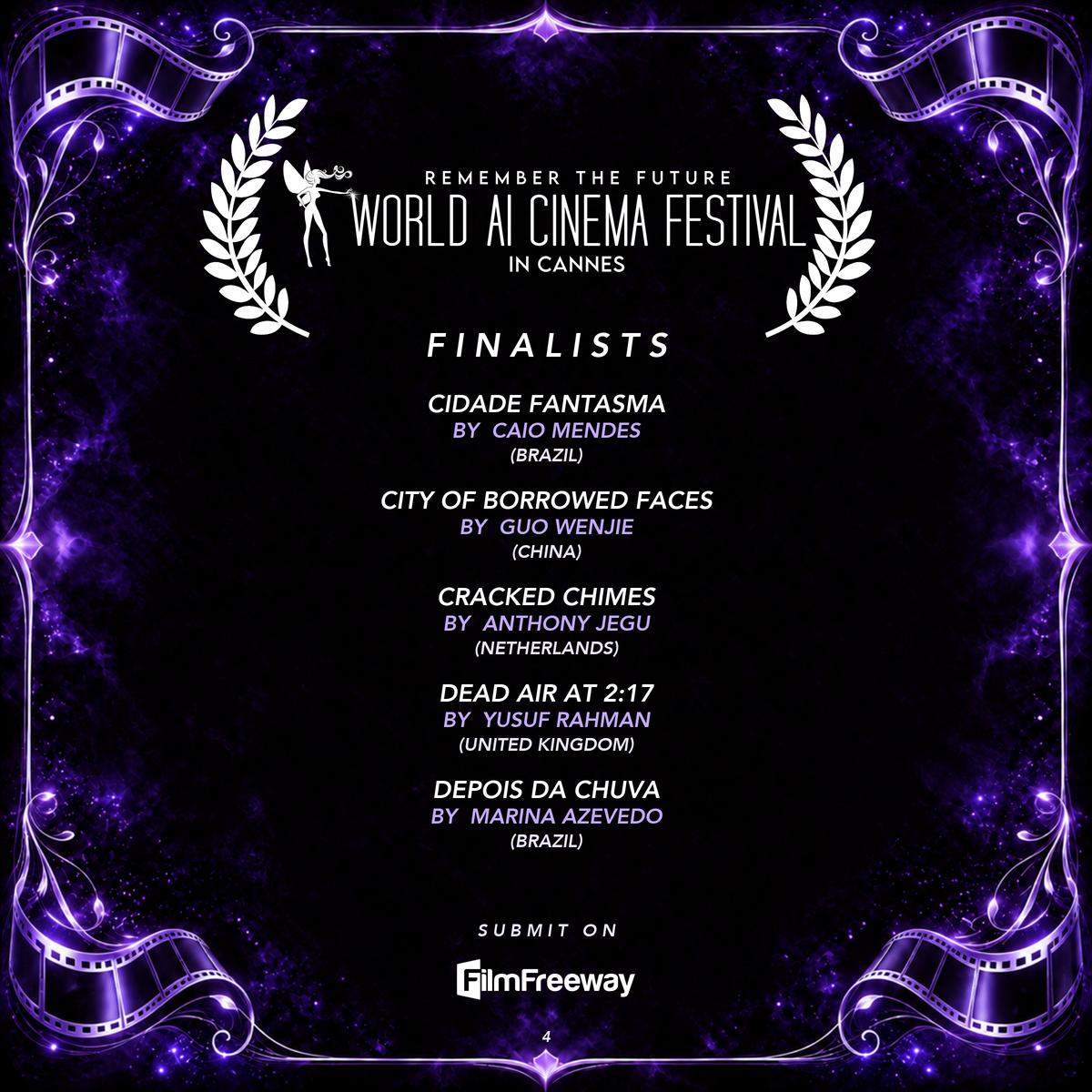 World AI Cinema Festival — Finalists September 2026, page 4 of 20: Cidade Fantasma by Caio Mendes (Brazil); City of Borrowed Faces by Guo Wenjie (China); Cracked Chimes by Anthony Jegu (Netherlands); Dead Air at 2:17 by Yusuf Rahman (United Kingdom); Depois da Chuva by Marina Azevedo (Brazil)