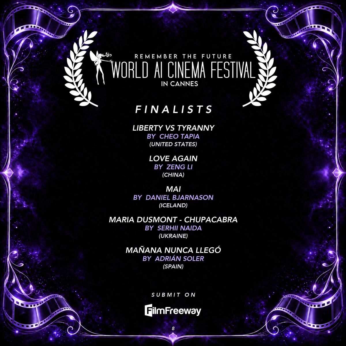 World AI Cinema Festival — Finalists September 2026, page 8 of 20: Liberty Vs Tyranny by Cheo Tapia (United States); love again by Zeng Li (China); Mai by Daniel Bjarnason (Iceland); Maria Dusmont - Chupacabra by Serhii Naida (Ukraine); Mañana Nunca Llegó by Adrián Soler (Spain)