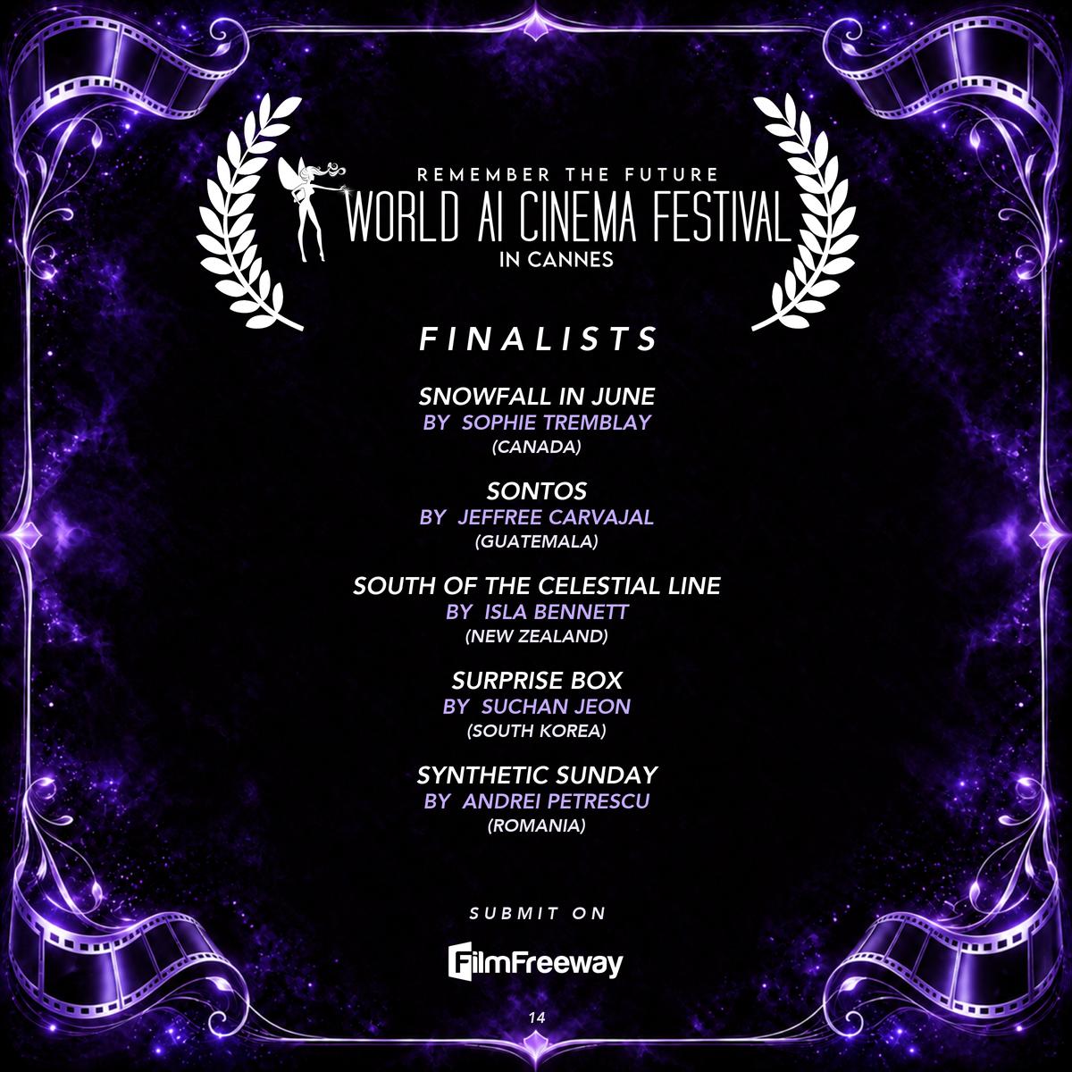 World AI Cinema Festival — Finalists September 2026, page 14 of 20: Snowfall in June by Sophie Tremblay (Canada); SONTOS by Jeffree Carvajal (Guatemala); South of the Celestial Line by Isla Bennett (New Zealand); Surprise Box by Suchan Jeon (South Korea); Synthetic Sunday by Andrei Petrescu (Romania)