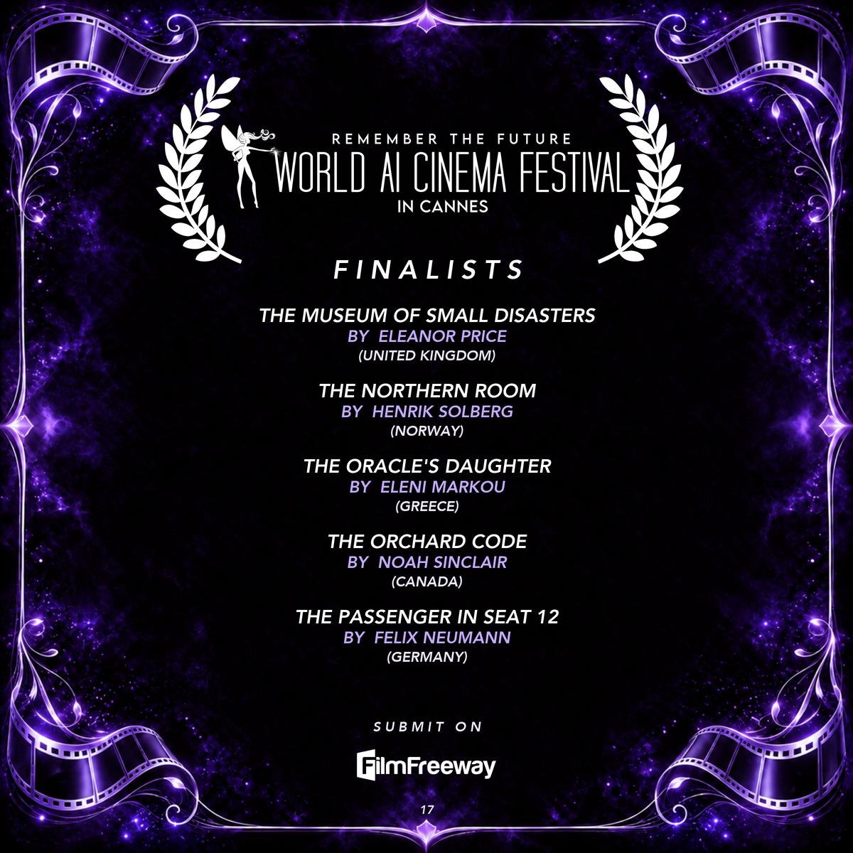 World AI Cinema Festival — Finalists September 2026, page 17 of 20: The Museum of Small Disasters by Eleanor Price (United Kingdom); The Northern Room by Henrik Solberg (Norway); The Oracle's Daughter by Eleni Markou (Greece); The Orchard Code by Noah Sinclair (Canada); The Passenger in Seat 12 by Felix Neumann (Germany)